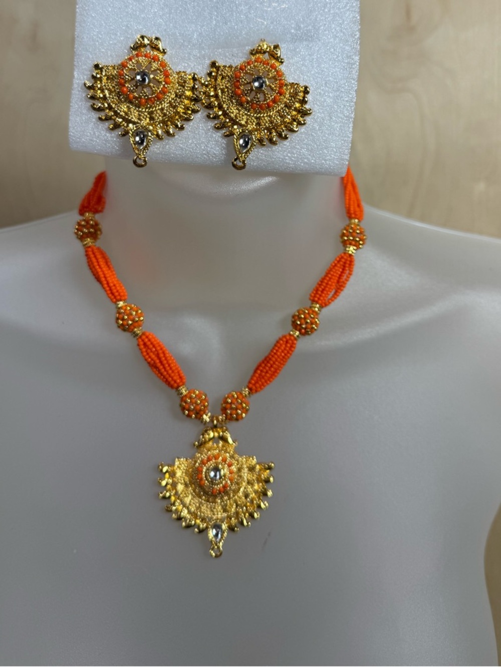 Gold-Tone Necklace & Earring Set in Bright Orange Beads